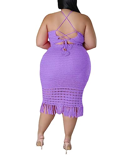 Image of Women Plus Two-Piece Skirt Set Tassel Fishing Net Knittin Hollow Out Off Shoulder Beach Dresses Swimsuit Cover Ups