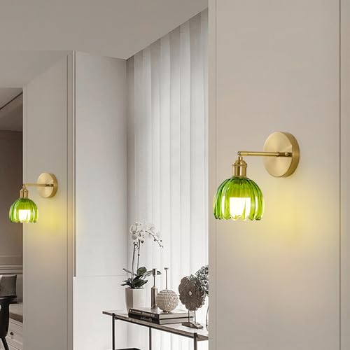 Image of Vintage Battery Operated Wall Sconces with Remote, 180 Degree Adjustable, Modern Battery Powered Wall Lighting Fixture with Green Tulip Glass Lampshade for Bedroom Bedside Bathroom-2Pack