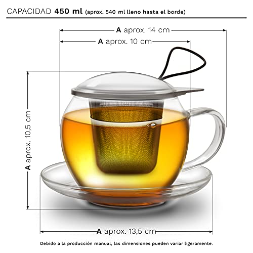 Creano Taza de té Jumbo con asa y colador de acero inoxidable integrado, tapa de cristal y platillo | 450ml Transparente… - Imagen 3
