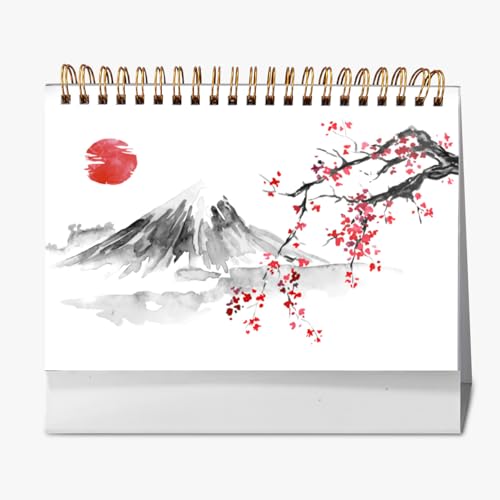 2026年 卓上カレンダー 富士山 桜 さくら 和風柄 水墨画 水彩絵 月間カレンダー ページめくり 新日本カレンダー 実用性 文房具 360°書き込み 小型 デスクトップ おしゃれ 計画整理 プレゼント 2025年9月?2026年12月