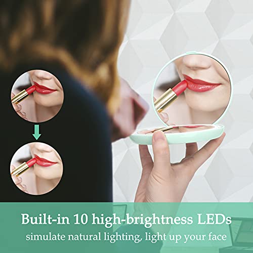 Compact Rechargeable Lighted Makeup Mirror For Travel, Purse And Handbags,1X And 10X Magnifying Handheld Makeup Mirror With 10 Leds Lights, Large 5” Wide Illuminated Double Side Folding Mirror #TOP4