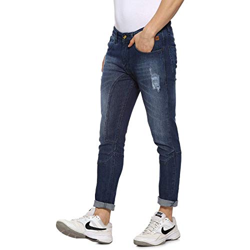 Campus Sutra Men's Navy Blue Lightly Distressed Denim Jeans for Casual Wear | Dark-Wash | Button Closure | Regular Fit | Denim Jeans Crafted with Comfort Fit for Everyday Wear