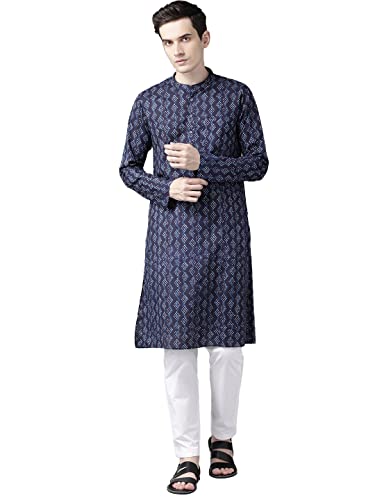 Image of See Designs Blue & White Cotton Regular Fit Mandarin Collar Printed Kurta Set