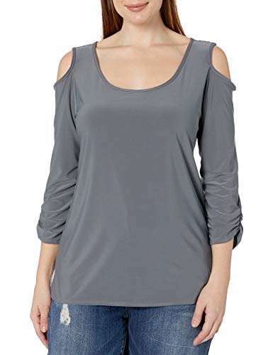 Star Vixen Women's Plus Size Cold Shoulder Sccop Neck 3/4 Cutout Cinch Sleeve Top, Grey, 1X