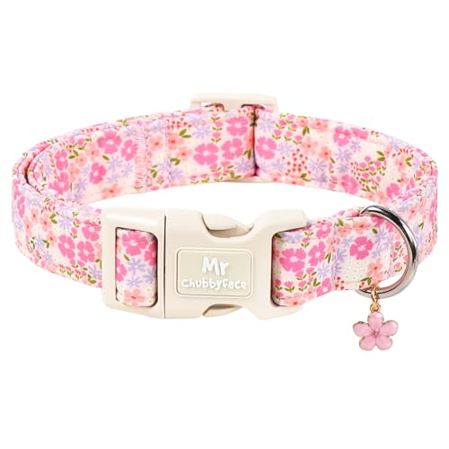MR.CHUBBYFACE Spring Summer Pink Dog Collar Cute Pink Floral Pattern Puppy Collar Durable Soft Fabric Pet Collar Gift for Small Medium Large Female Dog