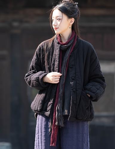 Ystylee Women's Linen Quilted Jackets Long Sleeve Warm Winter Handmade Knot Button Up Coat with Pockets4