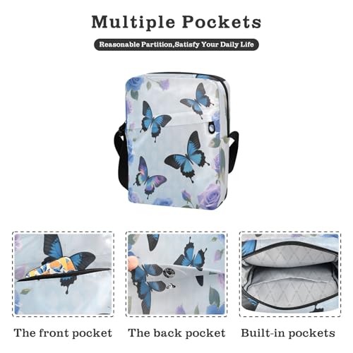 Blue-purple Rose Butterfly crossbody messenger bag Shoulder Bag Cross Body Purse Adjustable Strap for outdoor sports Outdoor Daily2