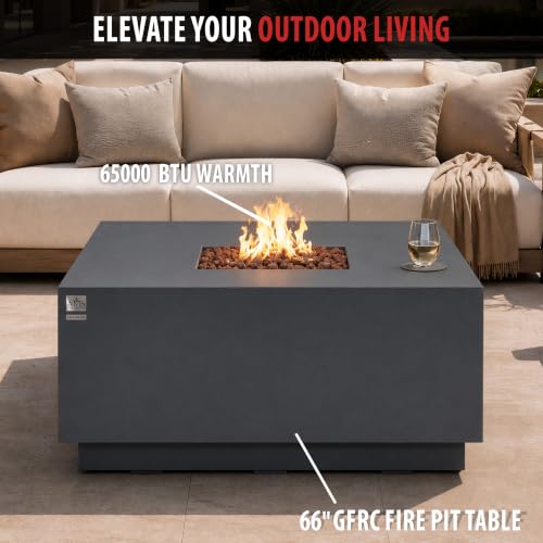 Image of AMS 48 inch Square Concrete GFRC Propane Gas Fire Pit Table (Dark Gray)
