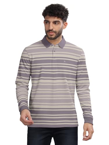 Image of BULLMER Striped Textured Printed Polo Neck Fullsleeve T-Shirt with Rib for Men