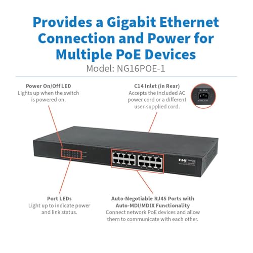 Image of Eaton Tripp Lite series 16 Port PoE Switch, Unmanaged Gigabit Ethernet, 220W (30W PoE+ Per Port), Metal Enclosure, Plug-and-Play, Auto-Negotiable, Desktop or 1U Rack Mount, 3-Year Warranty (NG16POE-1)