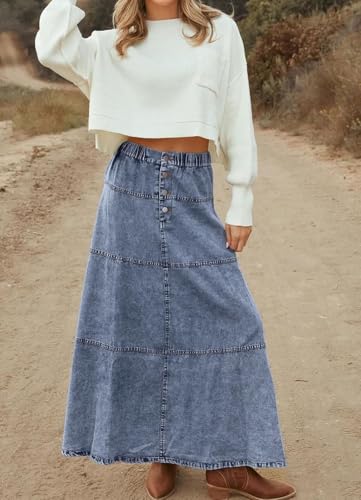 yoeasy Women's Denim Maxi Skirt Button Casual Boho Flowy Tiered Swing Vintage A-Line Jean Midi Long Skirt4