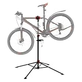 ECD Germany Soporte de Reparación de Bicicletas de Acero Caballete Giratorio 360° Altura Ajustable 105-185cm para E-Bike hasta 50 kg Base de Trípode 4 Patas con Bandeja de Herramientas Magnética