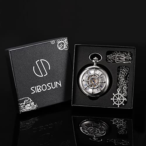 Sibosun Pocket Watch Mechanical Pocket Watch Hollow Rudder Case Skeleton Steampunk Hand Wind Pocket Watches For Men Double Cover Roman Numeral Dial Silver Pocket Watch Antique Vintage #TOP6