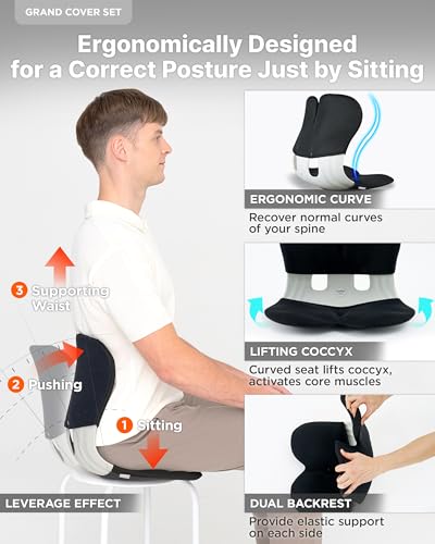 curble Grand(Extra Wide&Sturdy) Cover Set – Ergonomic Back Support Chair with Detachable Cover, Lumbar Support for Posture Correction & Lower Back Pain Relief, Perfect for Home & Office(Set Black)