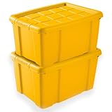 TIENDA EURASIA - Pack de 2 Cajas de Ordenación de Plástico | Con Tapa | Multiusos | Clips de Cierre | Apilables | Contenedor para Almacenar Juguetes, Ropa, Mantas (Amarillo, 25 Litros)