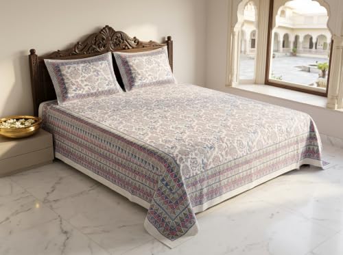 Image of Pure Cotton King Size Bedsheet with 2 Pillow Covers | Traditional Floral Jaipuri Print Flat Bed Sheet for Double Bed (93 x 108 Inches, Multicolor)