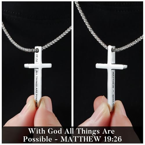 Ursteel 2 Pcs Black Silver Cross Necklace for Men - Inspirational Bible Verse Cross Chain for Men Stainless Steel Cross Pendant Necklace for Men Gifts, Box Chain 18-24 Inch4