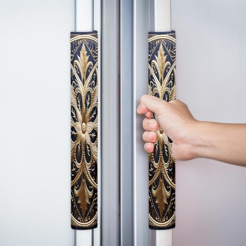 Image of Pardick Gold Blue Ethnic Refrigerator Door Handle Covers Set of 2 Gold Blue Ethnic Washable Fridge Dishwasher Mocrowave Oven Door Decor Protector Handle Cover Kitchen Appliance Decorative
