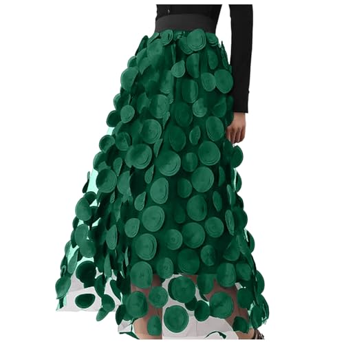 Rock Damen Lang Tüllrock 3D Polka Dot Faltenrock Vintage A-Linie Rock Midi Rock Hohe Taille Hochzeitsfeier Lang Rock Grün L