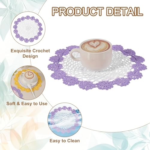 uxcell 2Pcs Crochet Doilies Handmade Tray Doilies 8.2" Round Cloth Placemats Lace Coasters for Crafts, Daily Use, Festivals, Home Decoration, White, Light Purple by uxcell - Image 3