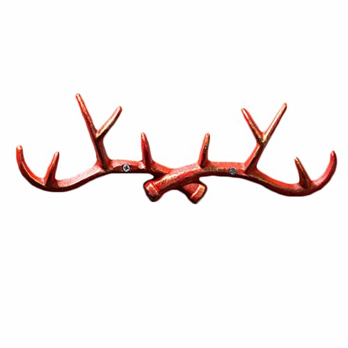 Vintage Cast Deer Antlers Wall Hooks (10 Hooks) Coat Rack Decorative For Hanging Hat Scarf Bag Key Clothes Bathroom Kitchen Towel Holder Christmas Reindeer Deer Hanger Wall Wedding Gift (Red) #TOP7
