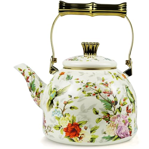 Vintage Enamel Tea Kettle, Birds Floral Pattern Stovetop Teapot with