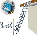 IntXanth 10+2 Steps Wall Mount Ceiling Ladder-Folding Attic Ladder Pull Down System, 8.2-9.8 FT, Foldable Attic Stairs Wall Mounted, Aluminum Attic Ladder with Armrests Blue