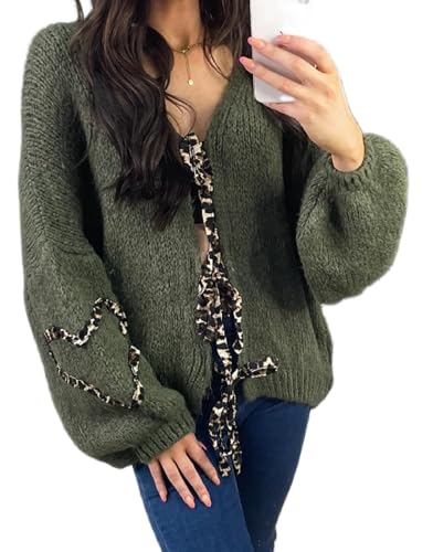 Image of Women's Tie Knot Leopard Heart Print Knit Cardigan Oversized V Neck Open Front Bandage Sweater Trendy Fall Knit Outwear