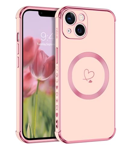 DOMAVER Case for iPhone 13 [Compatible with Magsafe] Luxury Gold Heart Design Slim Shockproof Soft TPU Cover for Girls Women Men, Protective Magnetic Phone Case for iPhone 13 6.1inch, Pink