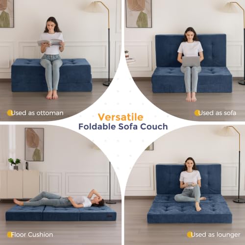 Image of MAXYOYO 6 inch Folding Sofa Bed for Floor, Tufted Tri-Fold Floor Mattress | Full Size Portable Sofa Couch Guest Mat with Chenille Fabric for Adults, Foldable Topper for Camping, Dusty Blue, Full