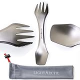 LightArctic Titanium Ultralight 3 in 1 Spork - Best for Camping Hiking and Backpacking, Multitool with Spoon Fork and Knife. Sturdy Personal Outdoor Travel Cutlery - Protective Carrying Cloth Bag