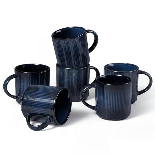 E-far 12 oz Coffee Mugs Set of 6, Stoneware Coffee Cups with Handle for Man Woman, Modern Ribbed Ceramic Tea Mugs for Latte Cocoa Milk, Microwave & Dishwasher Safe, Midnight Blue