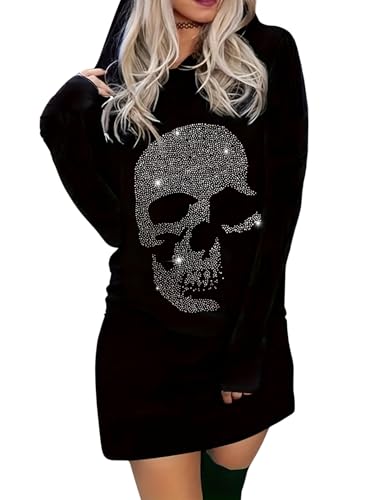 EVELUST Halloween Skull Gothic Sweatshirt Women - Goth Skeleton Vintage Top Pattern Rhinestone Hoodie Black Casual Long Sleeve Y2k Clothes(Black,L,1156w)