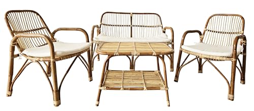 Salotto intrecciato a mano in rattan naturale in canne manao con rilegature in vimini. Resistente e leggero