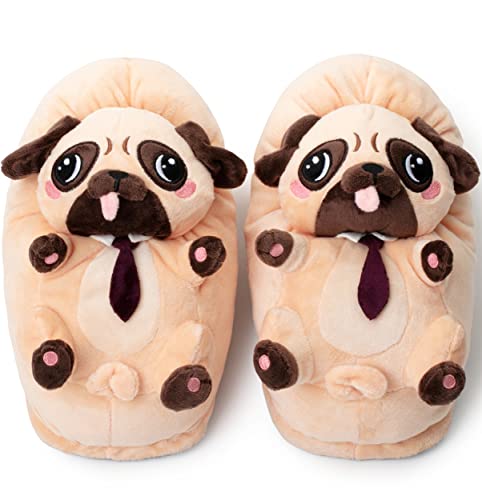 corimori Witizige Plüsch-Hausschuhe Mops Coco für Erwachsene und Kinder | Braun, EU Einheitsgr. 34-44 | Pantoffeln Slipper Schuhe