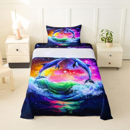 Image of jejeloiu Dolphin Bed Sheets Set Queen Size Tropical Ocean Bed Set Sea World Deep Pocket Fitted Sheet Summer Breathable Soft Lightweight Microfiber