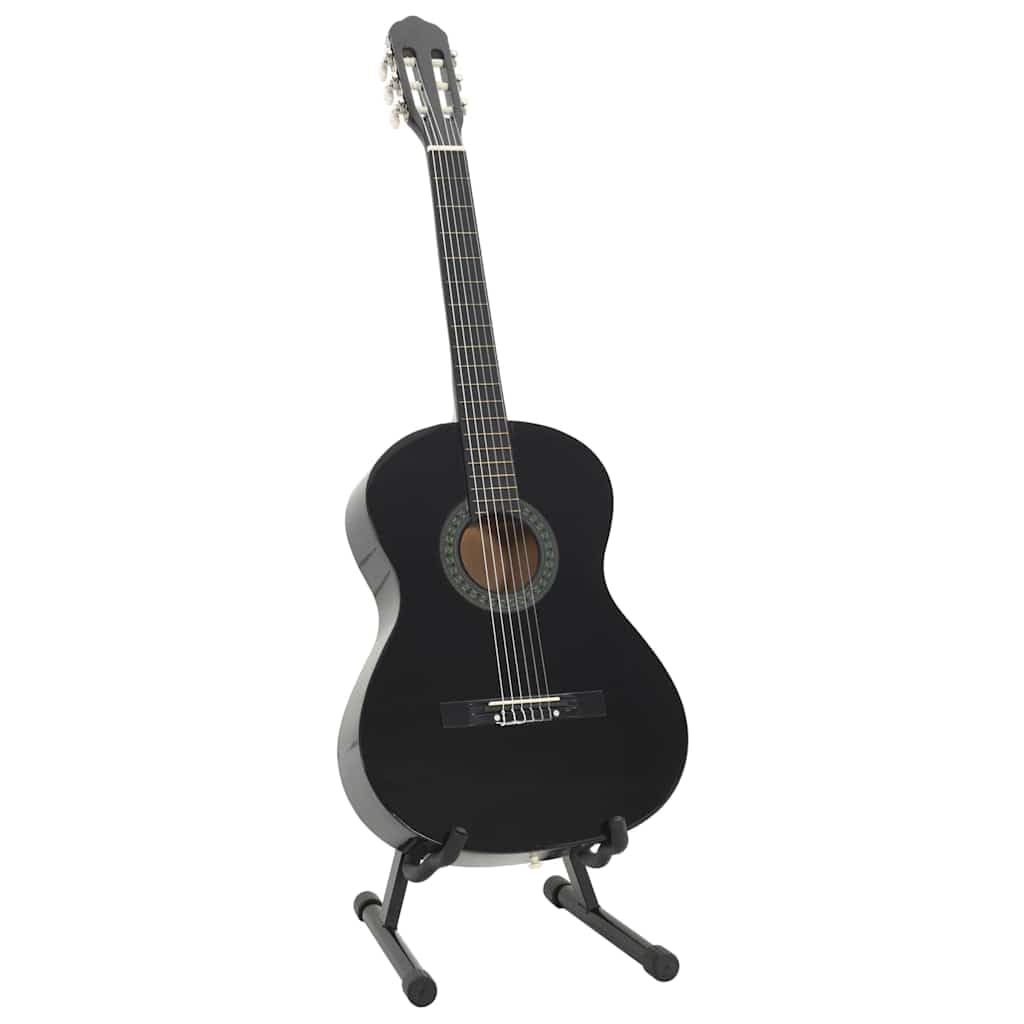 12-teiliges Klassikgitarren Set für Anfänger 4/4 39 Zoll schwarz Lindenholz Konzertgitarre mit Tasche Gurt Plektrum Kapodaster Stimmgerät Saitenständer zum Üben