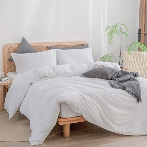 Image of BESTOUCH Cotton Solid Duvet Cover Set Bright White Super King Plus | 100% Washed Cotton, Soft Wrinkle Texture, Hidden Zipper, 8 Ties, Breathable Lightweight Durable Comfy, 3 Pcs No Insert