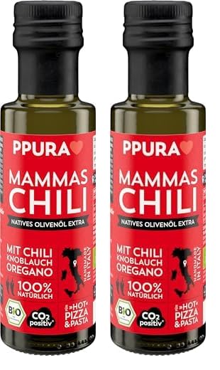 PPURA Bio Natives Olivenöl Extra Mammas Chili | Italienisches Oliven Öl mit Chili, Knoblauch & Oregano | 100% Natürlich, Ohne Zusatzstoffe und Aromen | Kaltgepresst & Lichtgeschützt | 100ml