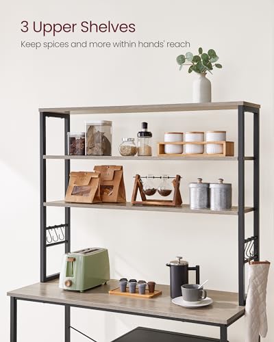 Image of VASAGLE Coffee Bar, 39.4 Inches Baker's Rack for Kitchen with Storage, 6-Tier Kitchen Shelves with 6 Hooks, Microwave Stand, Industrial, Heather Greige and Ink Black UKKS039K02