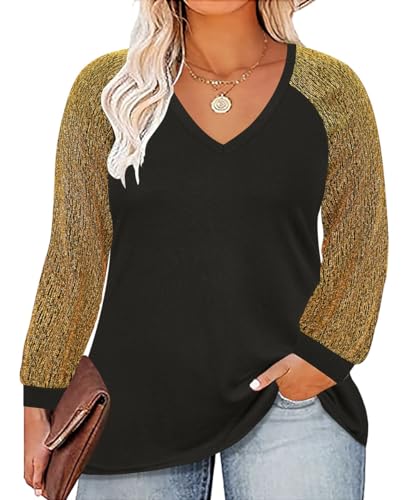 CARCOS Plus Size Tops for Women Criss Cross Long Sleeve Shirts V Neck Tunics Casual Fall T Shirt Loose Fits Blouses XL-5XL