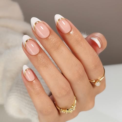 SHANGMENG White French Tip Press on Nails with Gold Line Design -...