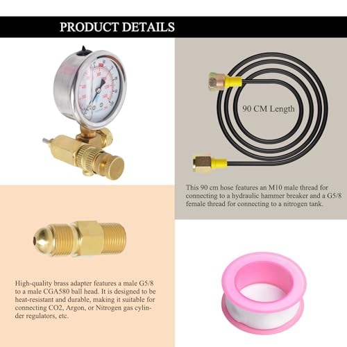 Image of Hydraulic Breaker Hammer Nitrogen Gas Charging kit, Hydraulic Breaker Hammer Test Tools, with Dual Scale Gauge & G5 /8 to CGA580 Adapter, Hydraulic Hammer Breaker