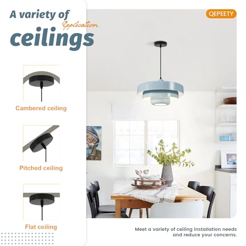 Image of 2-Pack Light Blue Metal Pendant Light, Mid Century Hanging Light Fixture, 59 Inch Adjustable Wire, E26 Lamp for Dining Table, Kitchen Island, Foyer