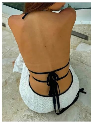 GORGLITTER Women's Deep V Halter Crochet Maxi Dress Backless Knit Bodycon Birthday Wedding Guest Long Dresses3