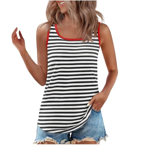 Camiseta de tirantes a rayas para mujer, cuello redondo, blusa sin mangas, cómoda, transpirable, holgada, holgada, a rayas, para la piel, chaleco para la playa y al aire libre, rojo, S