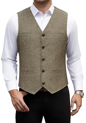 HISDERN Chaleco Traje Hombre Vintage Casual Chaleco Tweed de Lana Hombre para Boda Negocios con Bolsillos Marrón L