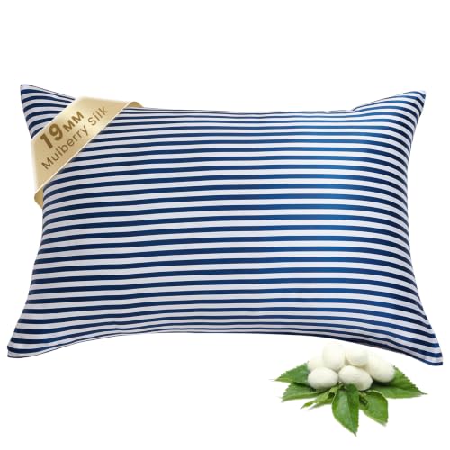 Image of THXSILK Mulberry Silk Pillowcase for Hair and Skin Health, Grade 6A+ Mulberry Silk Pillowcase with Hidden Zipper, Soft and Breathable, 1pc (King 20 inchx36 inch, Blue White Stripes)