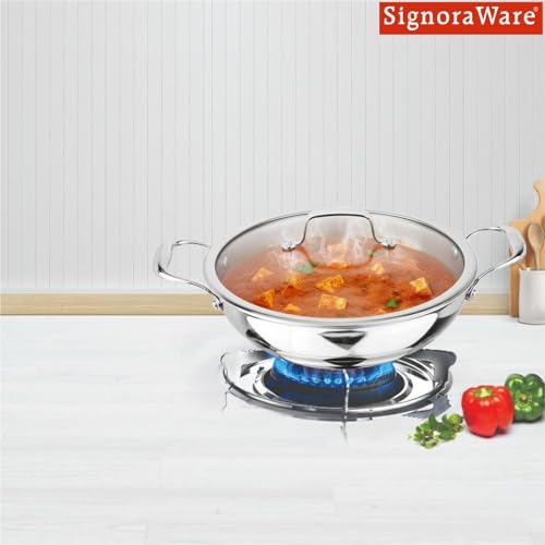 Image of Signoraware Artista Tri Ply Stainless Steel Shallow Kadhai 28cm with Glass Lid | Induction & Gas Compatible | Durable | Ideal for Stir Frying & Sauteing | Best for Curry & Gravies (4.6 LTR | Steel)