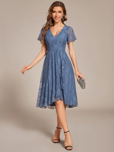Image of Ever-Pretty Women's V Neck Short Sleeves Lace A Line Hi-Lo Midi Semi Formal Dress 02489